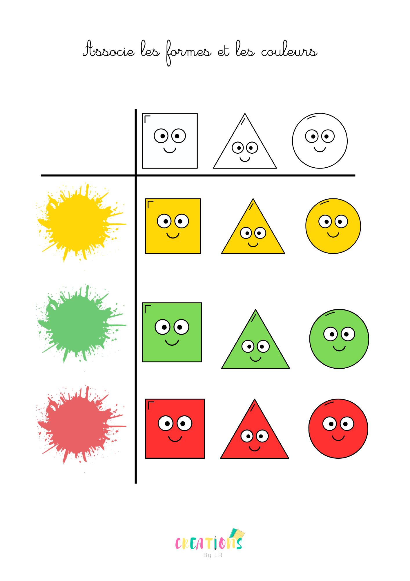 Formes et couleurs (tableau) 🟡🟢🔴